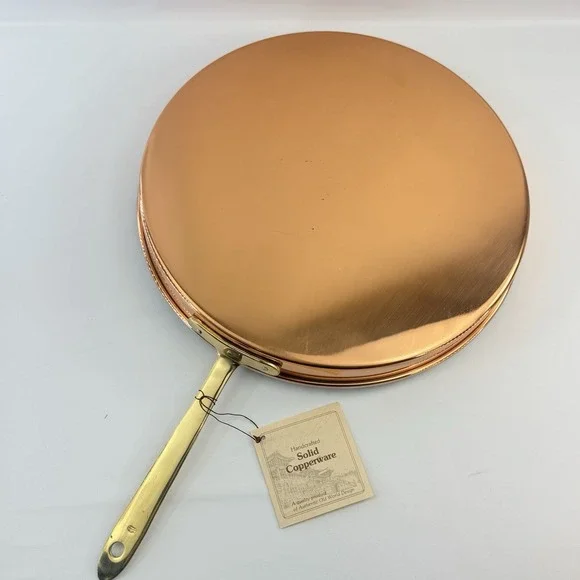 11" Hand Crafted Korea Solid Copper Skillet Nickel Lined Brass Handle Fry Pan - Picture 10 of 10